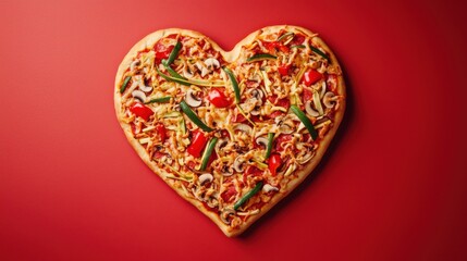 Fototapeta premium Pizza heart shaped and on red background . Concept of romantic love for Valentines Day .