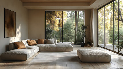 Fototapeta premium A minimalist living room with summery accents and sleek functional furniture