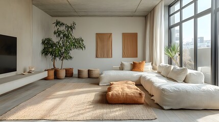 A minimalist living room with summery accents and sleek functional furniture