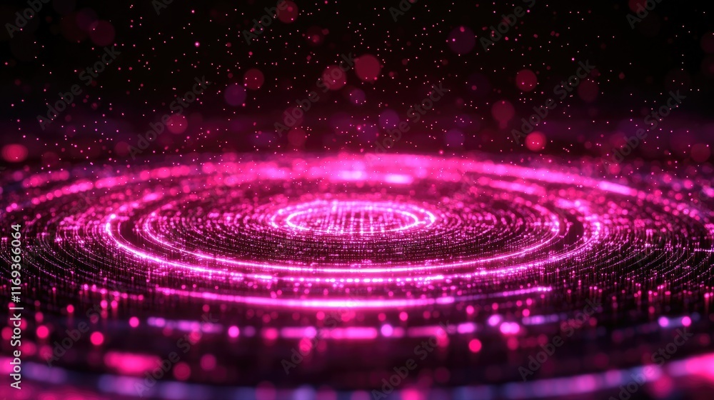 Poster pink glowing concentric circles with sparkling particles. ideal for futuristic technology or music v