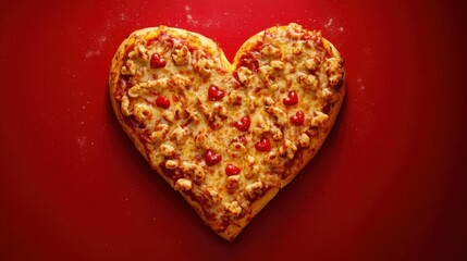 Fototapeta premium Pizza heart shaped and on red background . Concept of romantic love for Valentines Day .