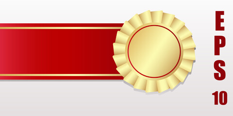 Elegant gold label on a red ribbon. 3 D. Vector illustration.