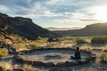 Person meditates in desert sunrise, stone circle.