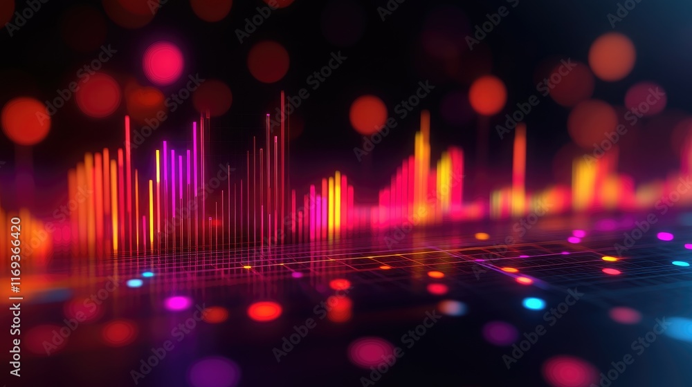 Poster vibrant neon cityscape visualization of digital audio waveforms with glowing lights and grid. perfec