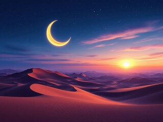 Abstract desert landscape at twilight with a crescent moon, a magical and serene scene, perfect for travel, nature or Ramadan themed designs.