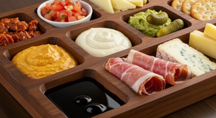 Obraz premium A customizable charcuterie board with compartments for dips and sauces