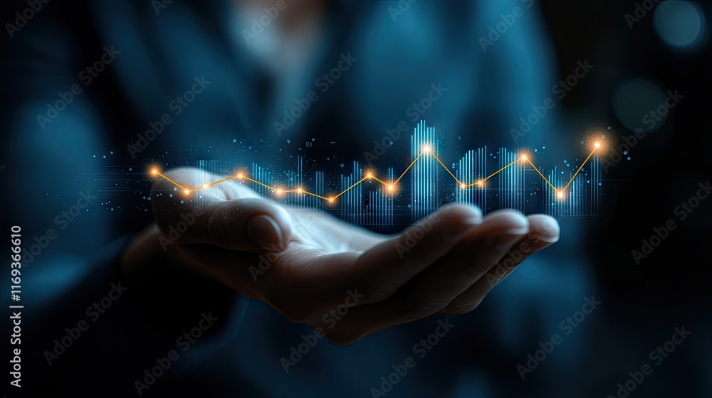 Poster a person holds a projected glowing line graph in their palms symbolizing growth and financial succes