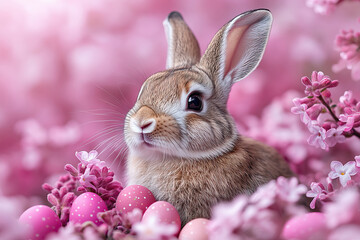 Fototapeta premium Colorful eggs and cute Easter bunny with spring flowers on a pastel lilac background.