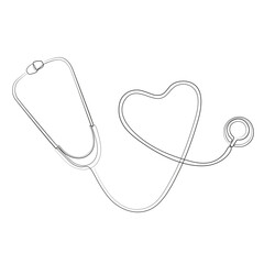 Stethoscope with heart shape vector illustration. Medical tool concept line art. Continuous one line drawing. Hand Drawn Stethoscope isolated on white background.