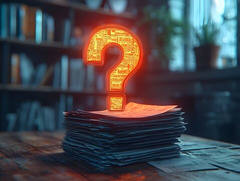 Glowing Question Mark Hovering Over Financial Documents Symbolizing Business Uncertainty