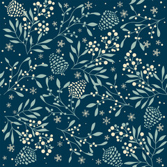 Merry Christmas, Happy New Year seamless pattern with fir cone, holly leaves and berries for greeting cards, wrapping papers. Seamless winter pattern. Vector illustration.