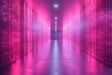 Pink neon corridor with digital code walls.