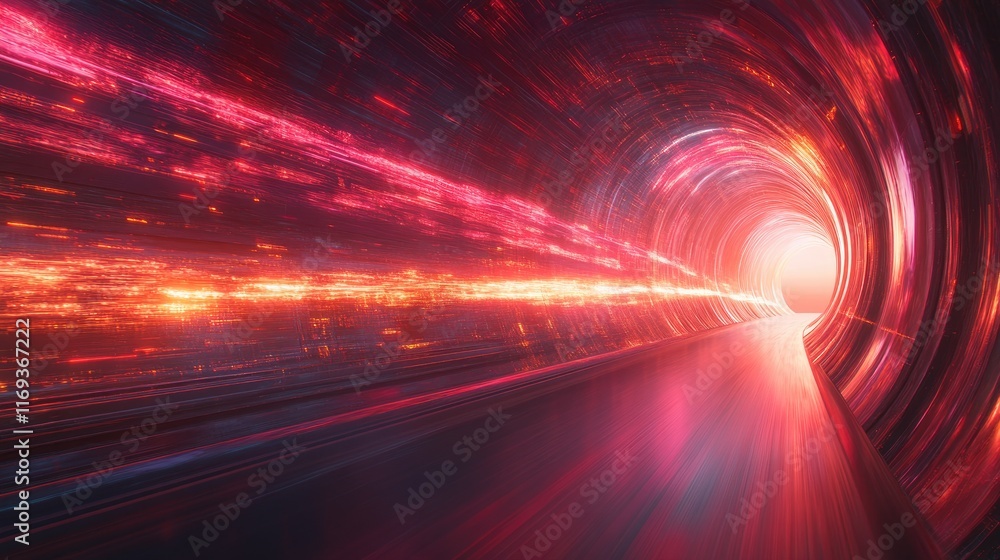 Poster a vibrant red tunnel with light streaks suggests speed and data flow. ideal for technology presentat