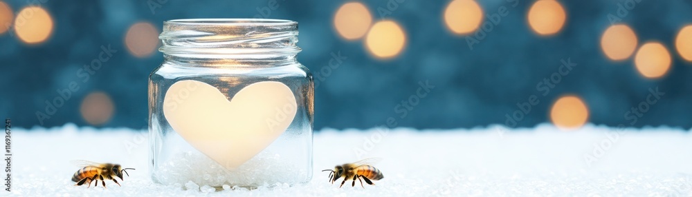 Poster romantic candle in heart-shaped jar surrounded by bees on snowy surface with soft bokeh background e