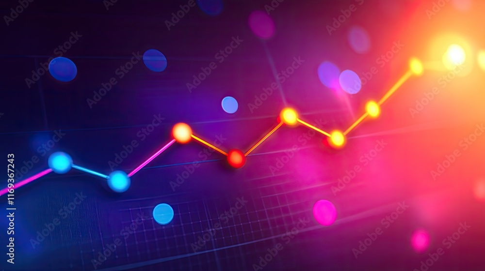 Poster a vibrant line graph trending upwards against a colorful bokeh background. ideal for visualizing gro