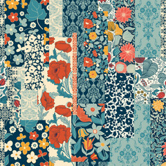 Seamless abstract colorful patchwork pattern from flowers in folk style. Shabby chic. Vintage hand made quilt. Hand drawn background in retro colors. Vector illustration