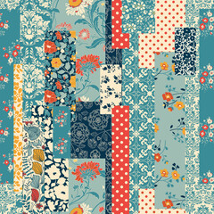 Seamless abstract colorful patchwork pattern from flowers in folk style. Shabby chic. Vintage hand made quilt. Hand drawn background in retro colors. Vector illustration