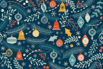 Naklejka premium Christmas seamless pattern for greeting cards, wrapping papers. Hand drawn winter background. Vector illustration.