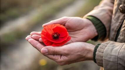Hands holding a red poppy flower in the field, close up