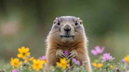 Fototapeta premium cute prairie dog sitting upright in a field of colorful flowers