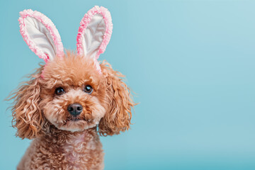 Funny happy small poodle dog with easter bunny ears on his head. Easter poster or greeting card with blank space for text.