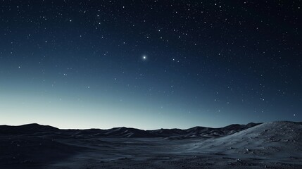 Minimalist Barren Landscape With Flat Terrain Under Sparse Starry Sky Illuminated By Natural Gradients