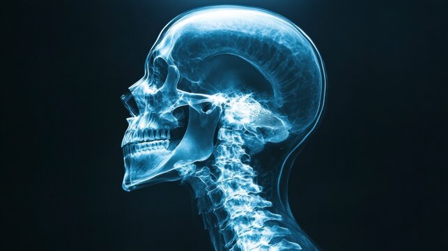 Radiographie d'un cr&acirc;ne et d'un cou humains avec colonne vert&eacute;brale en profil lat&eacute;ral