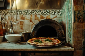 Freshly Baked Neapolitan Pizza with Basil in a Traditional Rustic Kitchen Setting Surrounded by Culinary Artifacts and Warm Atmosphere