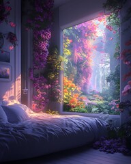 Futuristic bedroom with color-changing walls, holographic windows displaying a virtual garden, and realistic lighting. Modern, cozy, ideal for promoting smart home tech or innovative interior design.