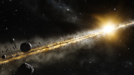 Naklejka premium Dynamic Asteroid Belt In Cosmos Featuring Jagged And Metallic Asteroids With Swirling Cosmic Dust And Illuminated By Distant Starlight