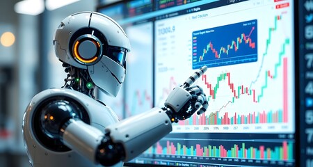 AI artificial intelligence tool analyzes stock market. Investor uses smart robot automation technology to analyze chart data for trading decision. Robotic arm pointing at stock chart