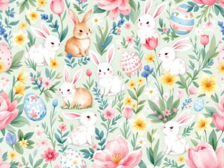 Seamless pattern with Easter bunnies, flowers and eggs, creating a joyful and festive design for holiday, spring or children's designs.
