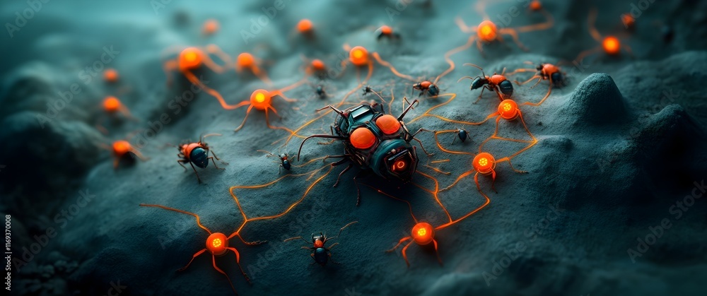 Poster expansive subterranean ant metropolis with glowing pheromone markers mapping complex transportation 