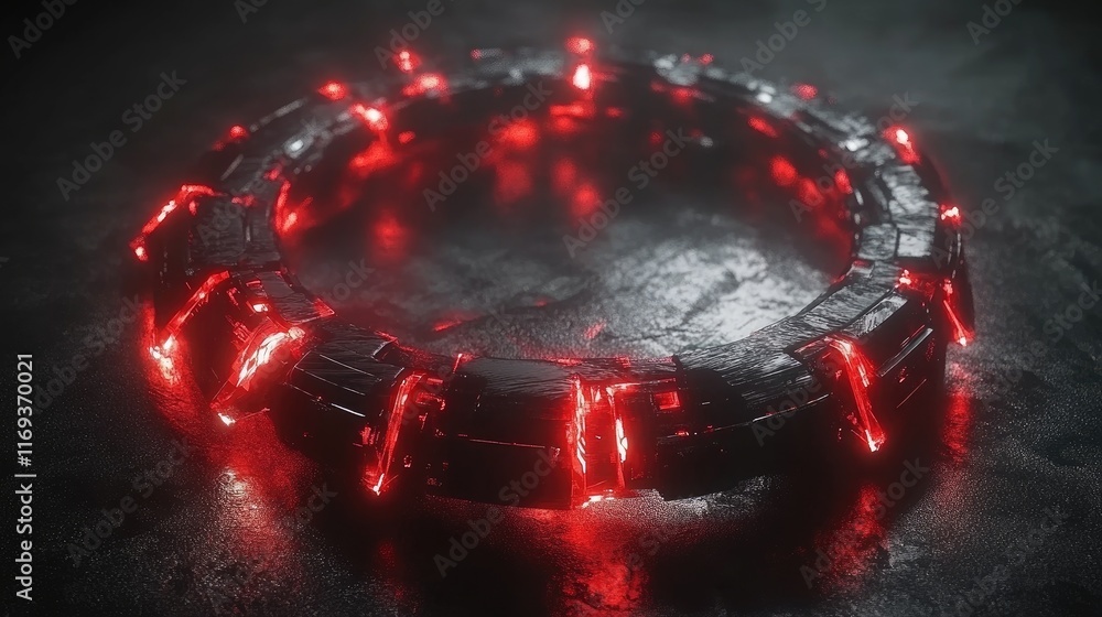 Poster a dark metallic ring with glowing red segments. ideal for game asset, loading screen, or sci-fi visu