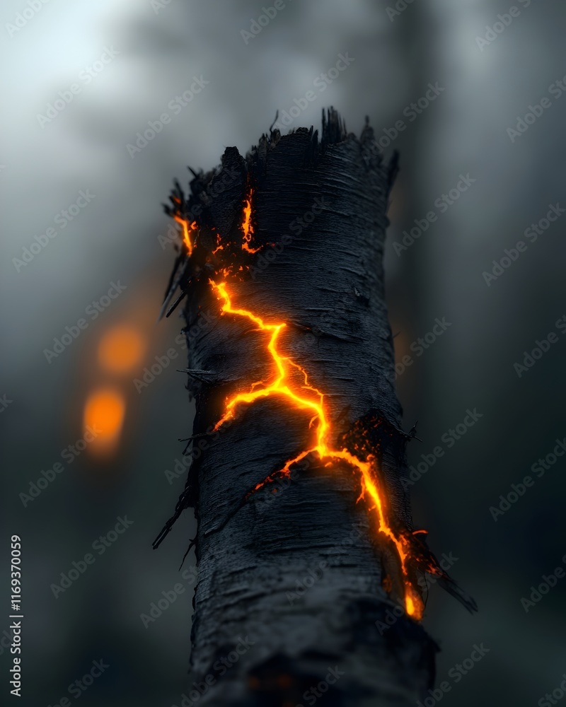 Aufkleber ghostly and luminous tree trunk marked by the violent path of a lightning strike gnarled and twisted
