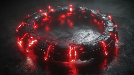A dark metallic ring with glowing red segments. Ideal for game asset, loading screen, or sci-fi visual effect.