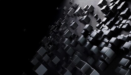 3d matt black pixel particle cubes on black background