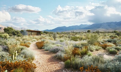 Desert landscape, structure, path, diverse plants, mountains.