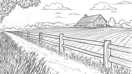 Fototapeta premium Rural Farm Scene With Barn And Fence Along Path