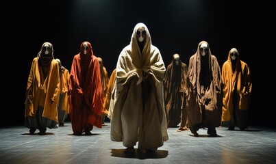 Masked figures in robes perform on stage.