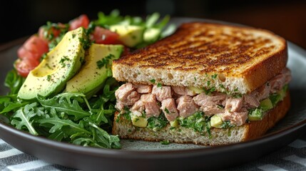 Grilled tuna melt sandwich with avocado and arugula salad.