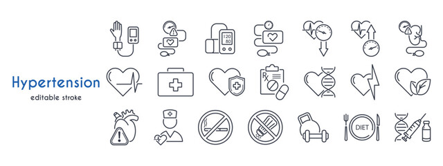 Hypertension line icon set. Heart, tonometer, blood pressure, pulse, vascular disease, prevention, hypertensive crisis, normal sleep, physical activity vector illustration Editable Strokes