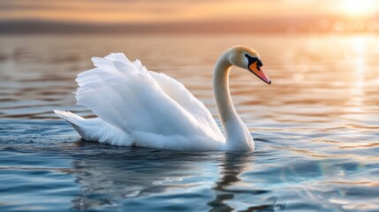 Obraz premium A serene swan glides on tranquil water bathed in golden sunset hues. Ideal for nature websites, travel blogs, or peaceful desktop backgrounds.