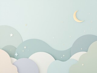 Fototapeta premium Dreamy pastel background with moon and clouds, creating a serene and peaceful image for calming, delicate or children’s designs.