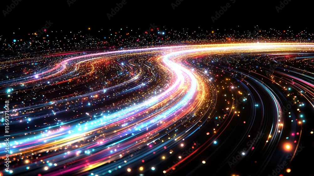 Poster vivid streams of light particles flow and curve across a dark backdrop. ideal for digital art music 