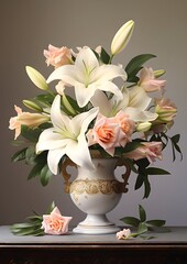 Obraz premium Exquisite Floral Arrangement in Ornate Ceramic Vase Refined Botanical Still Life