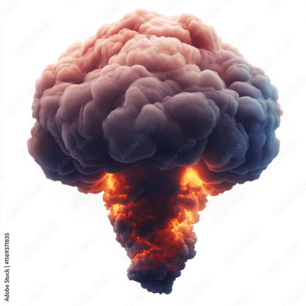 Poster dramatic eruption of a colorful explosion cloud with fiery core and billowing smoke forming a distin