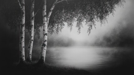Fototapeta premium Monochromatic Birch Trees Beside a Misty Lake
