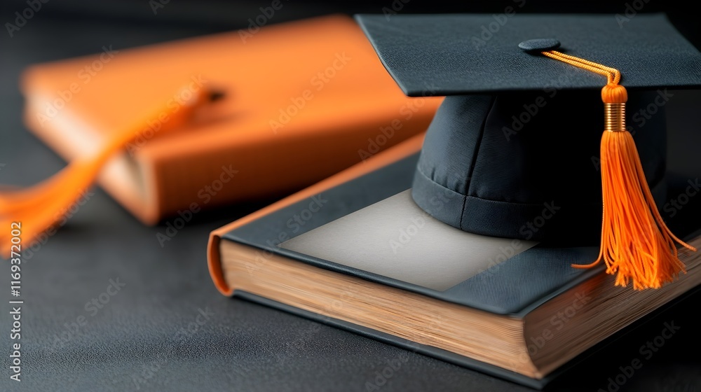 Poster graduation cap resting on an open book with blank space in the middle symbolizing academic achieveme