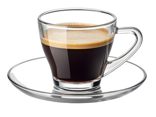 Glass espresso cup with saucer, ideal for serving hot espresso or coffee. The clear design and sleek handle add a modern touch to your coffee experience. Isolated on transparent background, png.